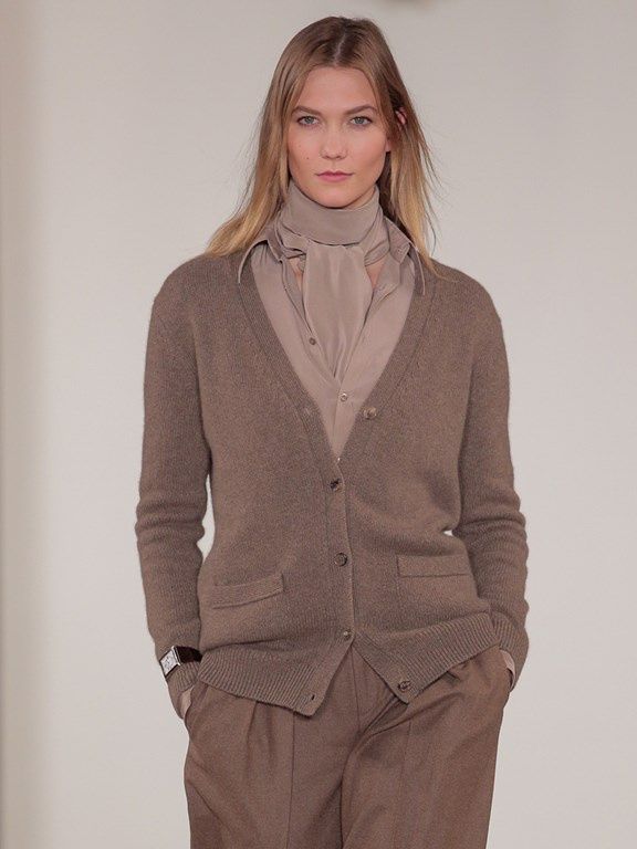 kardigan damski na jesien brazowy Karlie Kloss Ralph Lauren Fall 2016