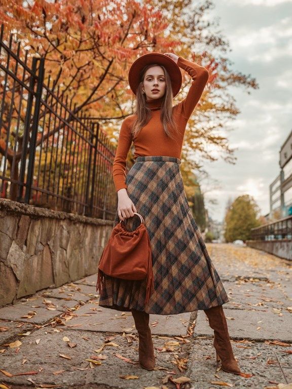 stylizacja z kozakami zamszowymi i spódnicą w kratę