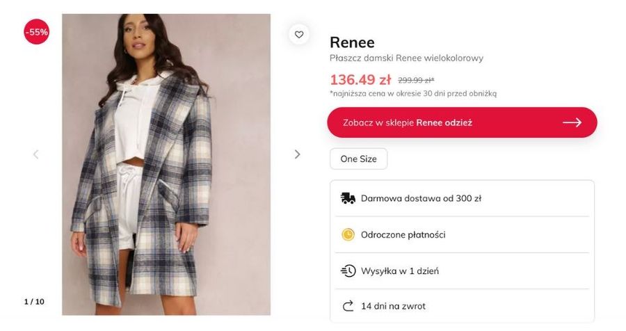 Płaszcz w kratkę Renee przeceniony aż o 50 proc.