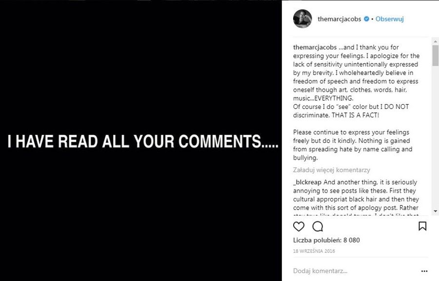 Reakcja Marca Jacobsa na wpadkę z dredami - zdjęcie z Instagramu