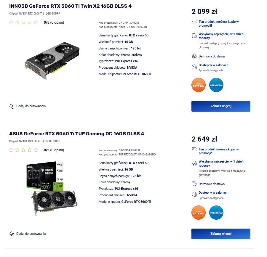 GeForce RTX 5060 Ti - ceny w sklepach