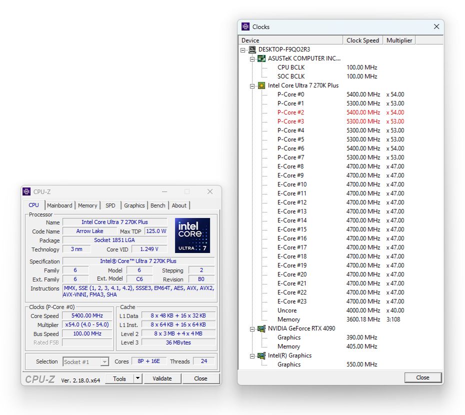 Intel Core Ultra 7 270K Plus - taktowanie