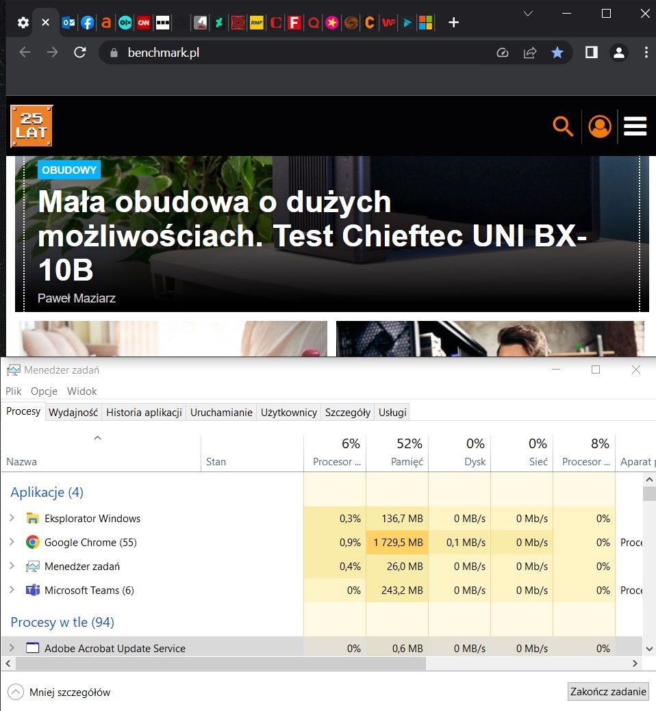 Google Chrome zużycie pamięci RAM