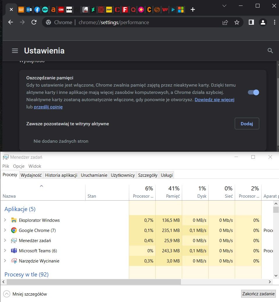 Chrome Memory Saver włączony