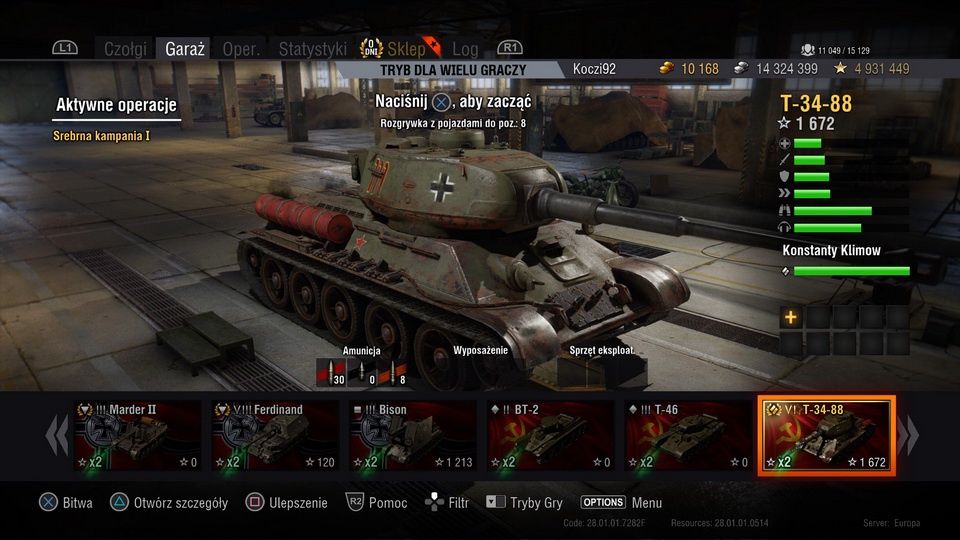 World of Tanks na Playstation 4 - T-34 w garażu
