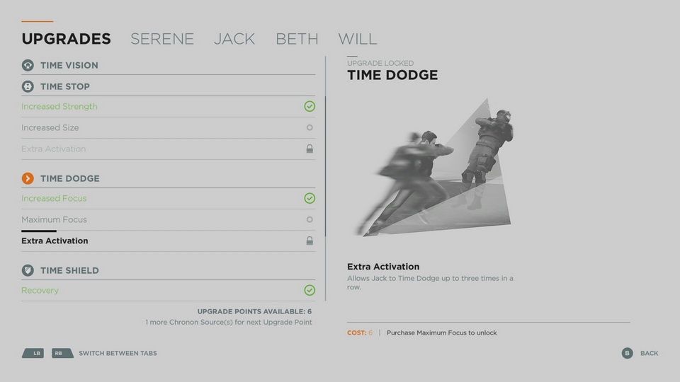Quantum Break - plansza rozwoju umiejętności specjalnych