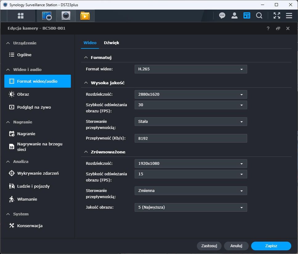 Synology BC500 - ustawienia kamery 1