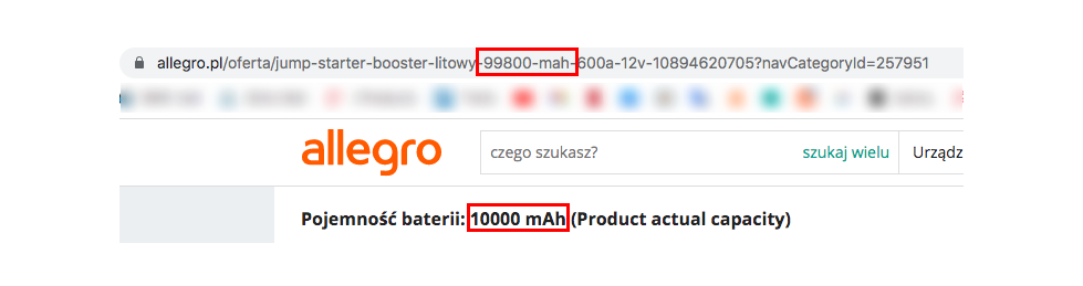 Różnica w specyfikacji i tytule oferty Allegro