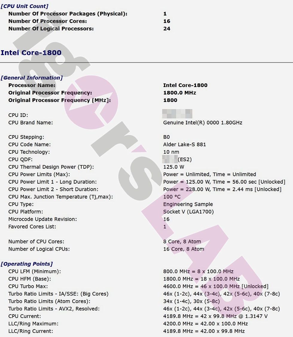 Intel Core-1800 - specyfikacja procesora Alder Lake-S