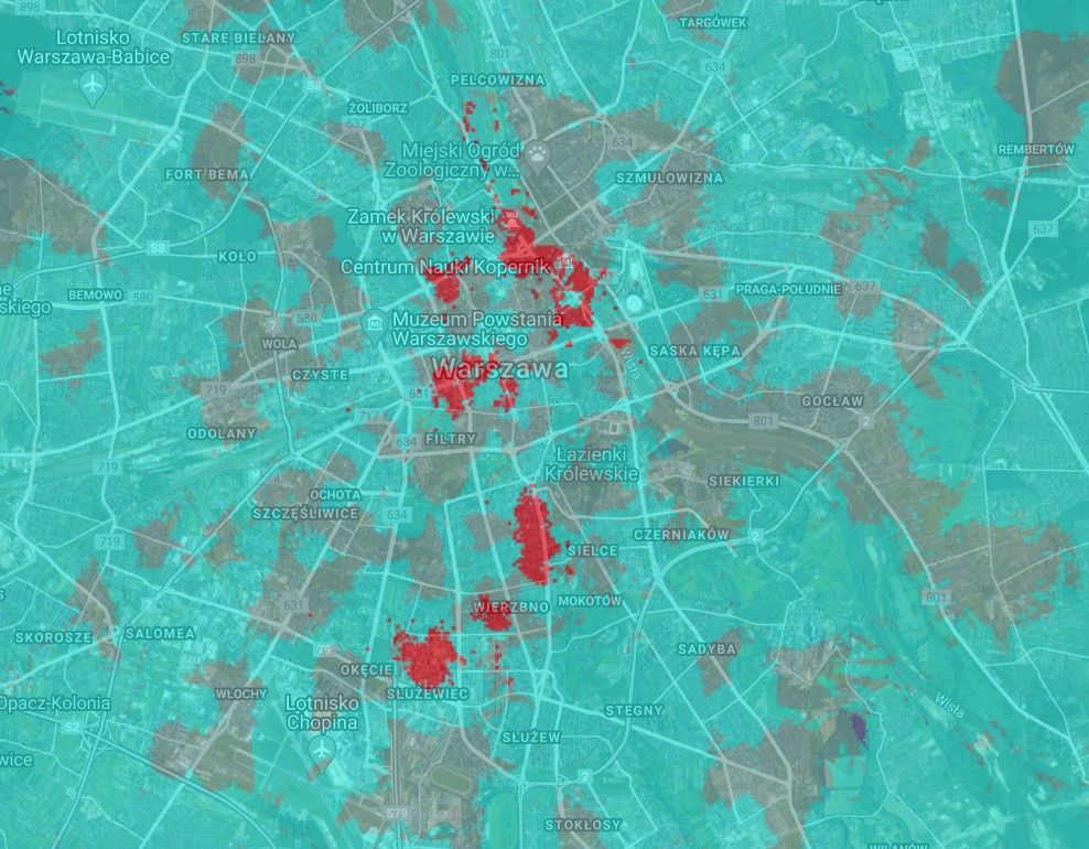 Plus 5G - mapa zasięgu Warszawa