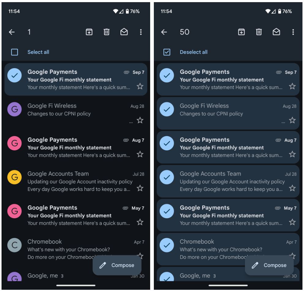Google Gmail: zaznaczanie wielu wiadomości Android