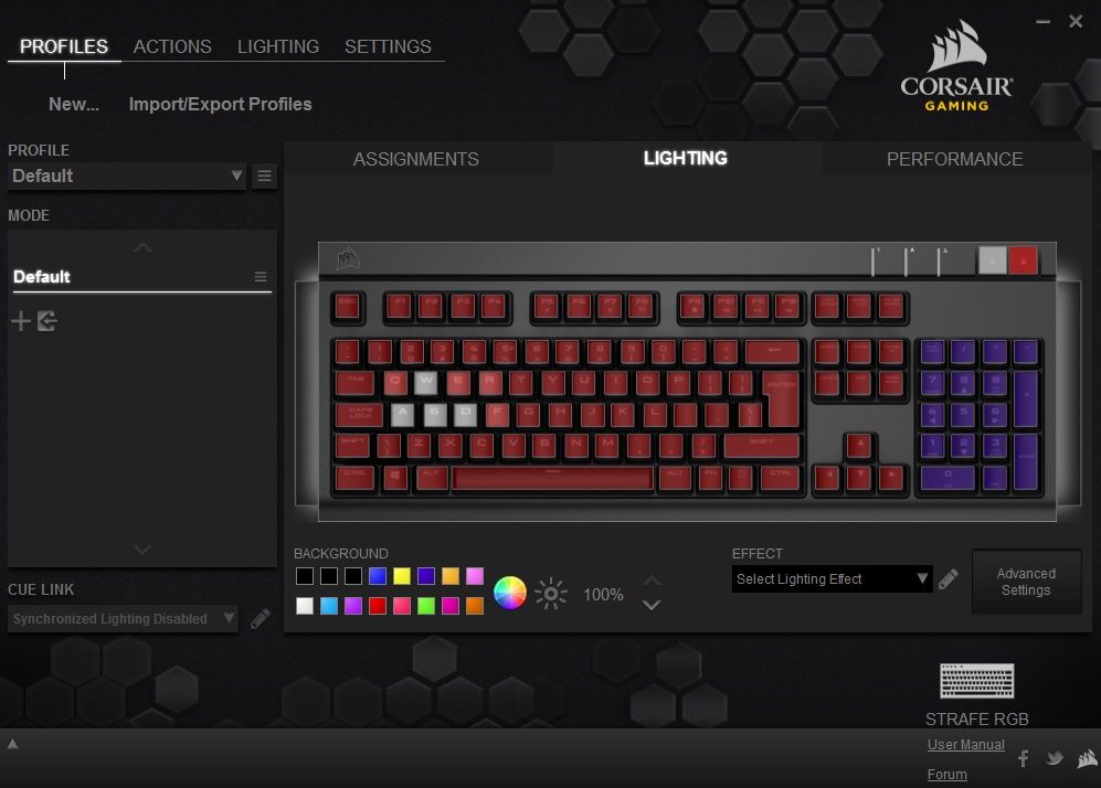 Corsair Strafe RGB -ustawienia podświetlenia
