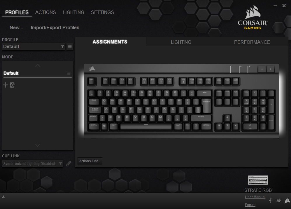Corsair Strafe RGB -główne ustawienia oprogramowania klawiatury