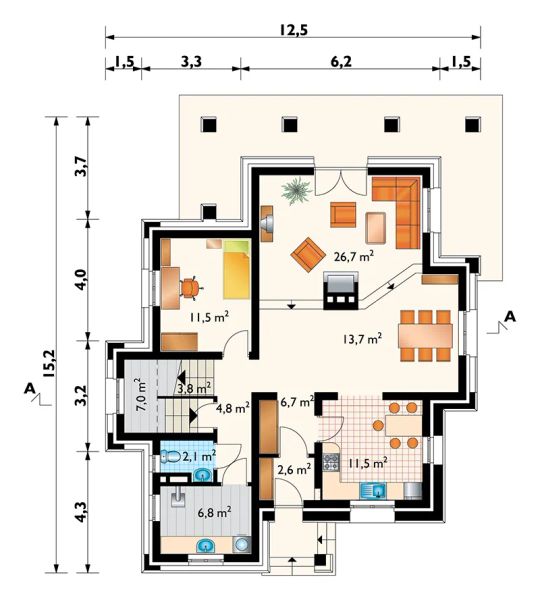 Projekt domu Orle Gniazdo (528) - rzut parteru, dom liczy 5 pokoje, 3 łazienki i wc
