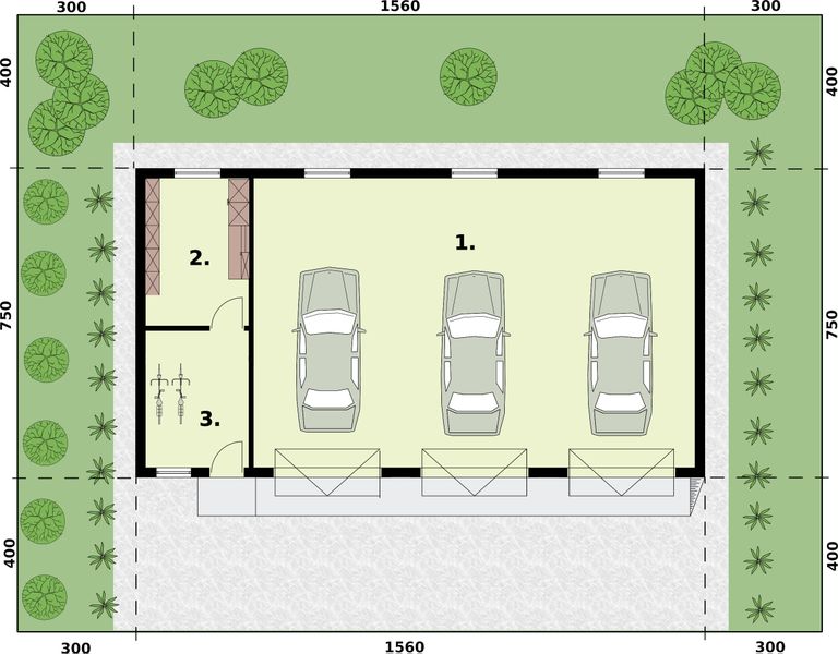 Parter projektu G217 garaż trzystanowiskowy z pomieszczeniami gospodarczymi