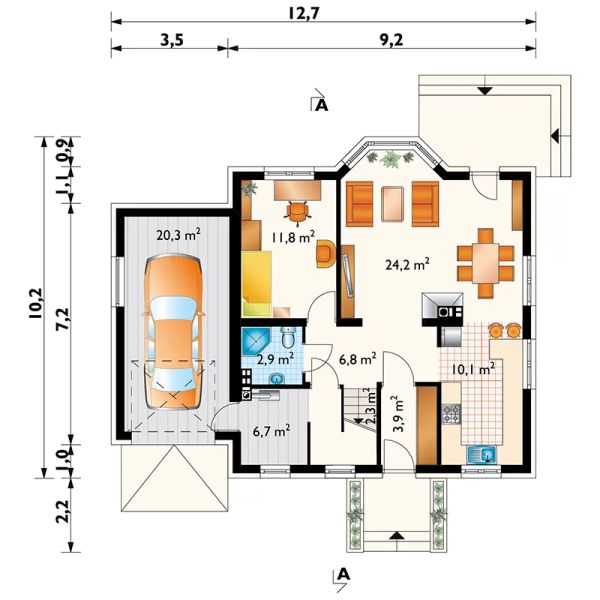Projekt domu Figa Neo (1051) - rzut parteru, dom liczy 4 pokoje, 2 łazienki i wc