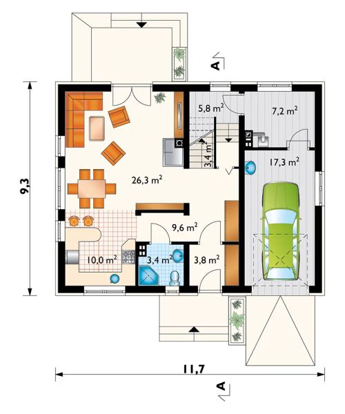 Projekt domu Oberek Polo (1072) - rzut parteru, dom liczy 4 pokoje, 2 łazienki i wc
