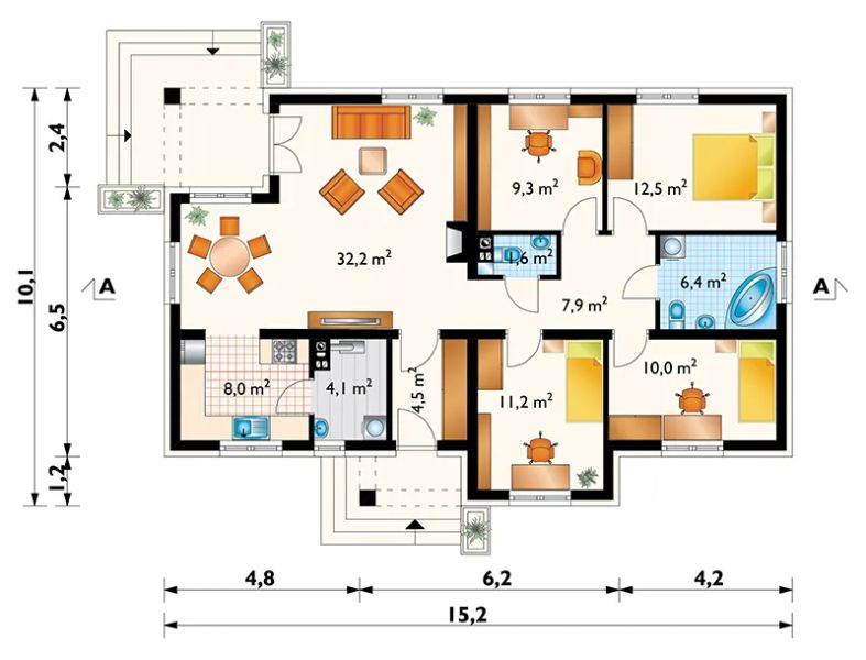 Projekt domu Kira (1071) - rzut parteru, dom liczy 4 pokoje, 2 łazienki i wc
