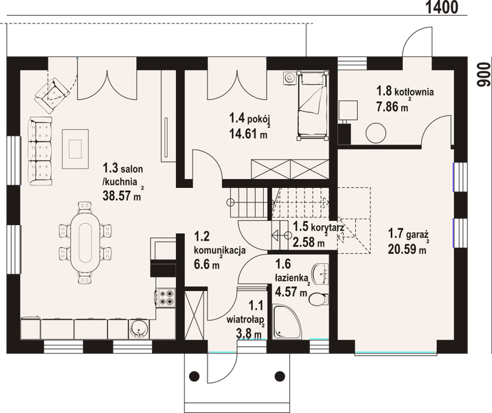 Projekt domu Firlejów - rzut parteru, dom liczy 5 pokoje, 3 łazienki i wc
