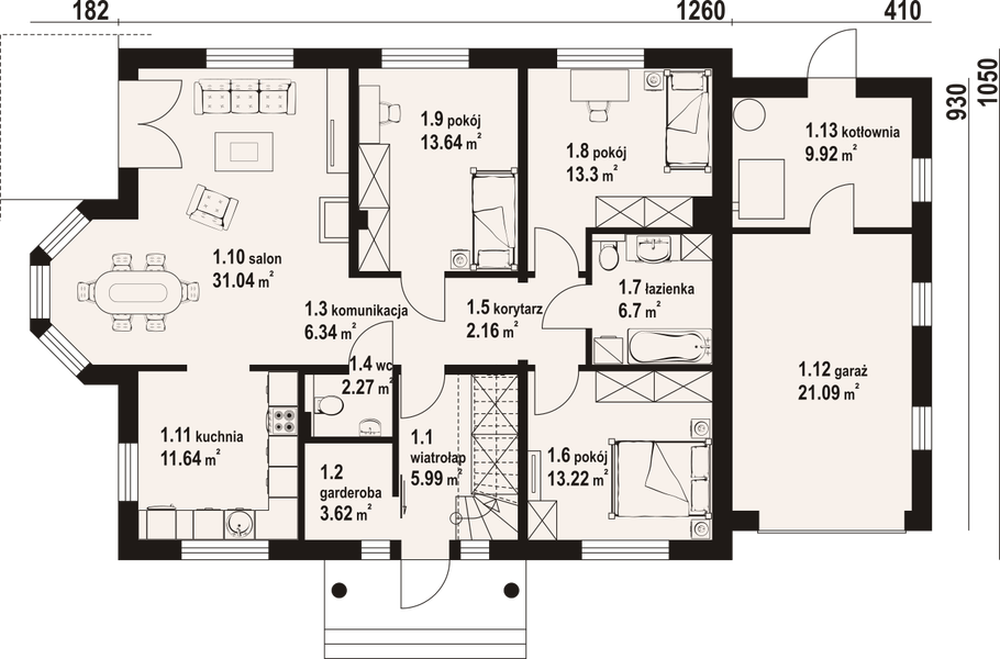 Parter projektu Zadębie średnie z garażem