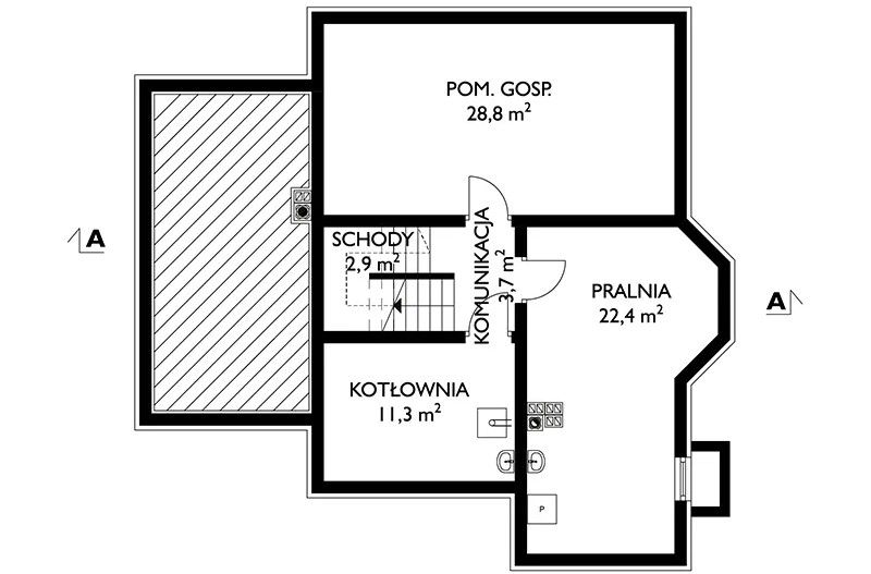 Projekt domu Tośka Mobil (1099) - rzut piwnicy, dom liczy 4 pokoje, 2 łazienki i wc