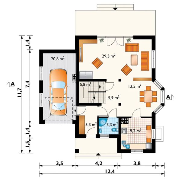 Projekt domu Tośka Mobil (1099) - rzut parteru, dom liczy 4 pokoje, 2 łazienki i wc