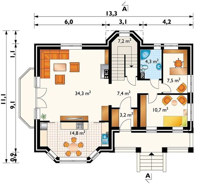 Projekt domu Laura (1104) - rzut parteru, dom liczy 5 pokoje, 2 łazienki i wc