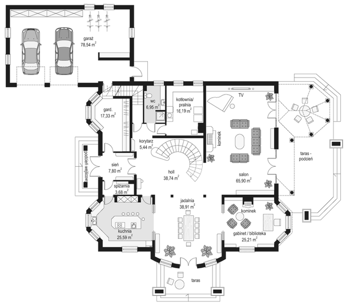 Projekt domu Regent - rzut parteru, dom liczy 6 pokoje, 3 łazienki i wc