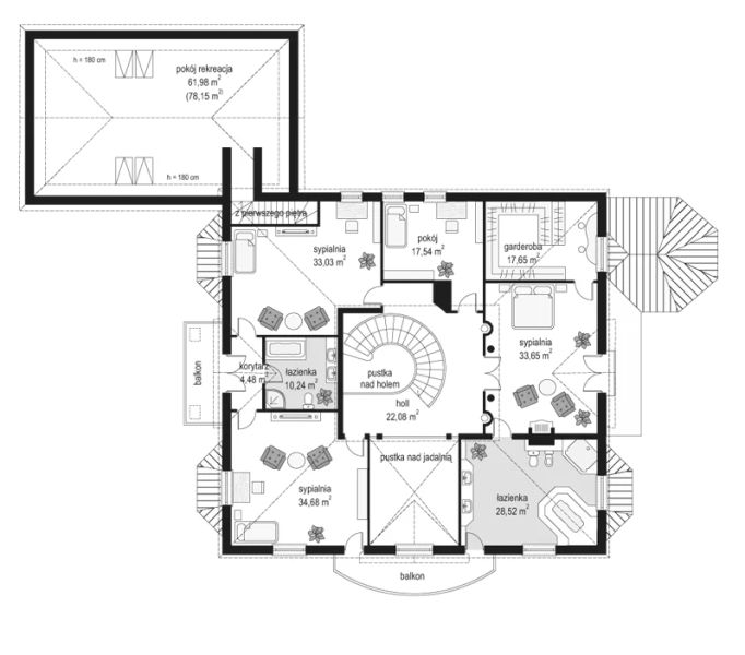 Projekt domu Regent - rzut 1 piętra, dom liczy 6 pokoje, 3 łazienki i wc