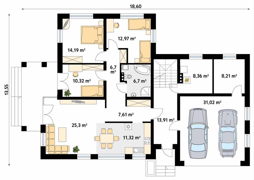 Projekt domu Arkan - rzut parteru, dom liczy 6 pokoje, 2 łazienki i wc