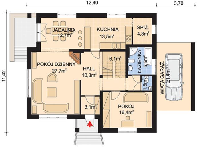 Projekt domu APS 019 - rzut parteru, dom liczy 5 pokoje, 3 łazienki i wc