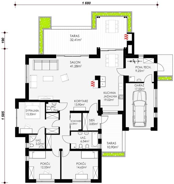 Projekt domu TK29 - rzut parteru, dom liczy 3 pokoje, 3 łazienki i wc