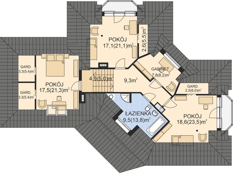 Projekt domu APS 065 - rzut poddasza, dom liczy 5 pokoje, 2 łazienki i wc