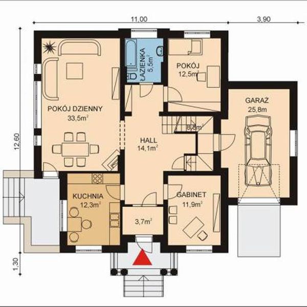 Projekt domu APS 017+G - rzut parteru, dom liczy 6 pokoje, 2 łazienki i wc
