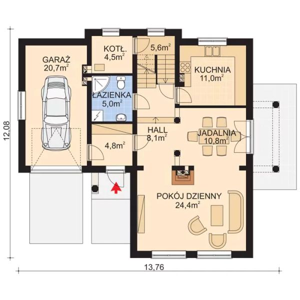 Projekt domu APS 079 - rzut parteru, dom liczy 2 pokoje, 2 łazienki i wc