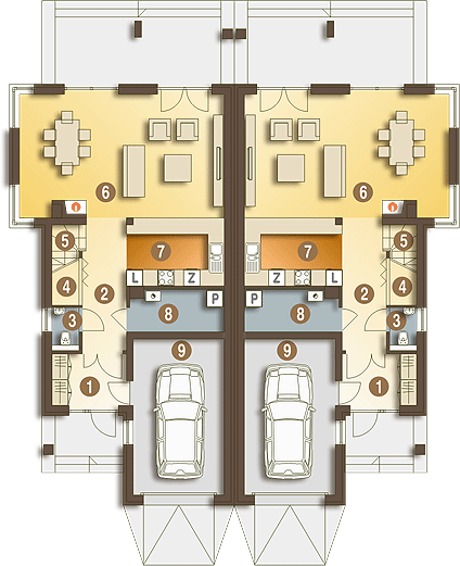 Parter projektu Bazyli z garażem 1-st. bliźniak [A-BL1]