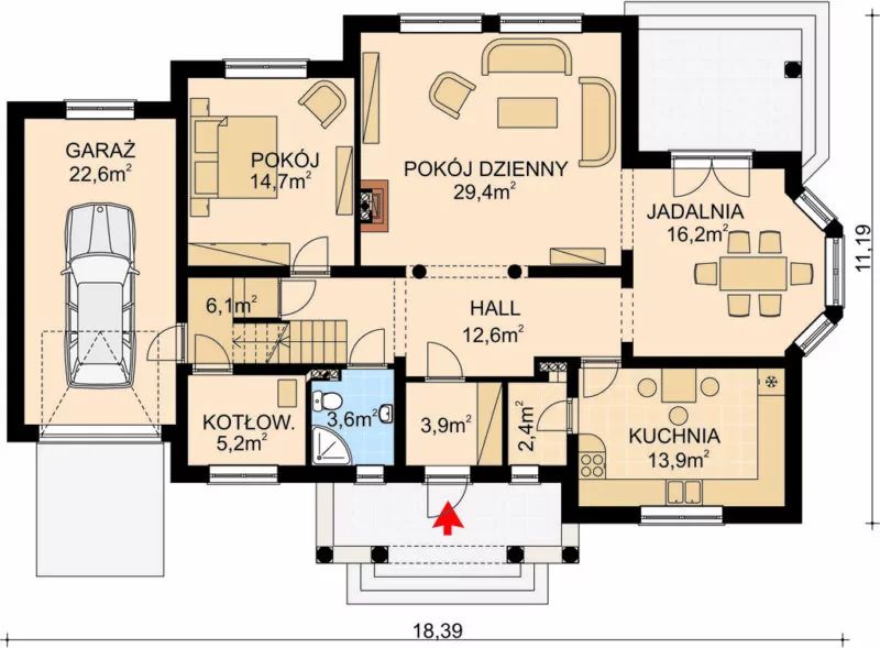 Projekt domu APS 089 - rzut parteru, dom liczy 5 pokoje, 3 łazienki i wc