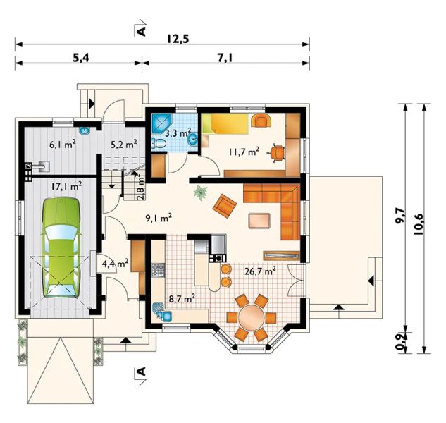 Projekt domu Jelonek Astro (1148) - rzut parteru, dom liczy 5 pokoje, 2 łazienki i wc