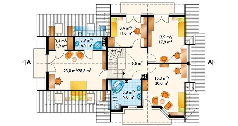 Projekt domu Majka Tytan G2 (1142) - rzut poddasza, dom liczy 5 pokoje, 3 łazienki i wc