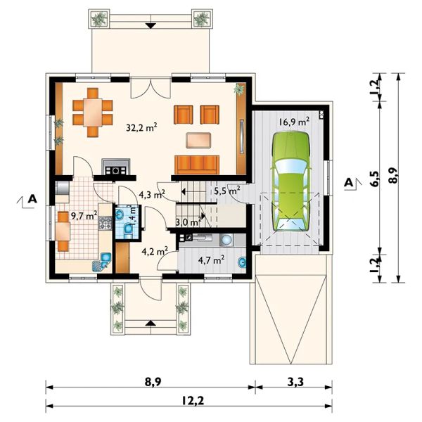 Projekt domu Aster Neo (1177) - rzut parteru, dom liczy 3 pokoje, 2 łazienki i wc