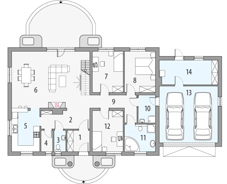 Projekt domu Sielanka 1a2g - rzut parteru, dom liczy 5 pokoje, 3 łazienki i wc