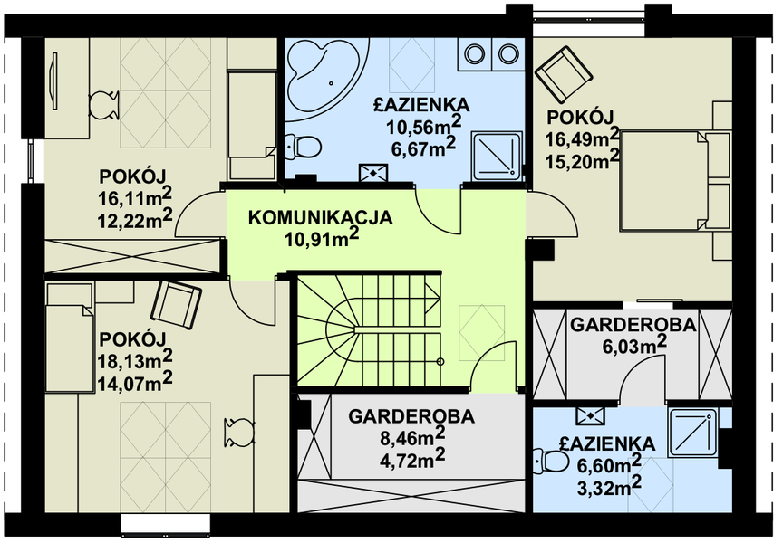Projekt domu TK58 - rzut poddasza, dom liczy 5 pokoje, 3 łazienki i wc
