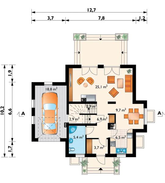 Projekt domu Koliba Grota (1222) - rzut parteru, dom liczy 4 pokoje, 2 łazienki i wc