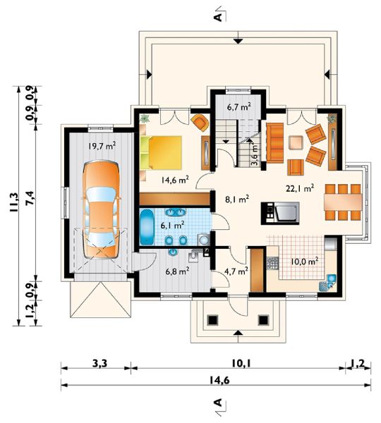Projekt domu Kowalik Lux (1213) - rzut parteru, dom liczy 5 pokoje, 2 łazienki i wc