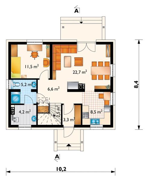 Projekt domu Kuklik (1215) - rzut parteru, dom liczy 4 pokoje, 2 łazienki i wc