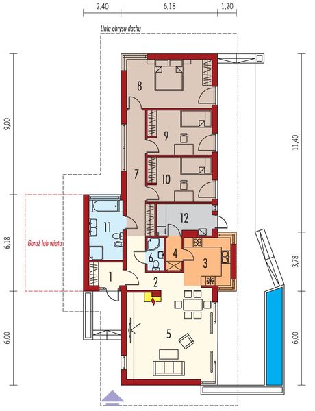 Projekt domu Bil II - rzut parteru, dom liczy 3 pokoje, 2 łazienki i wc