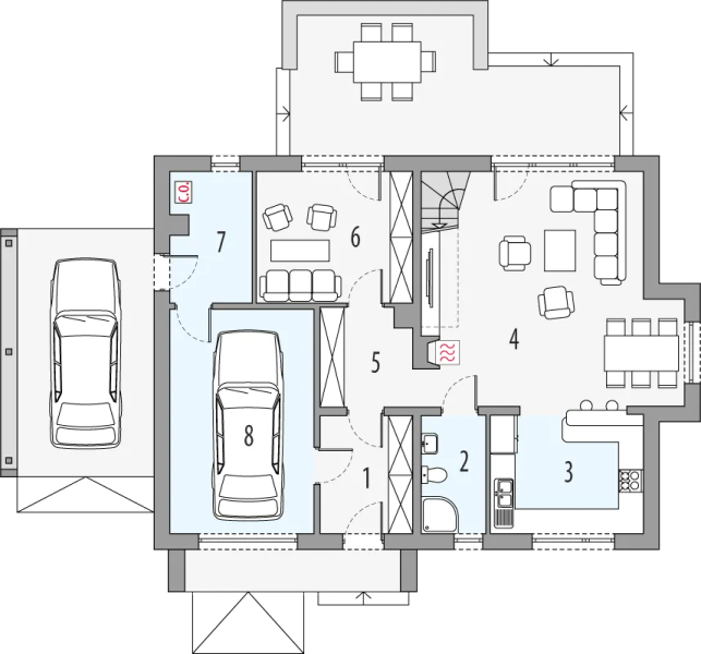 Projekt domu Victor bw - rzut parteru, dom liczy 4 pokoje, 2 łazienki i wc