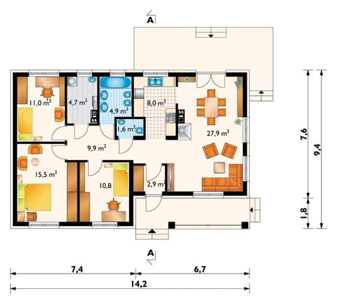 Projekt domu Modrzyk Solis (1226) - rzut parteru, dom liczy 3 pokoje, 2 łazienki i wc
