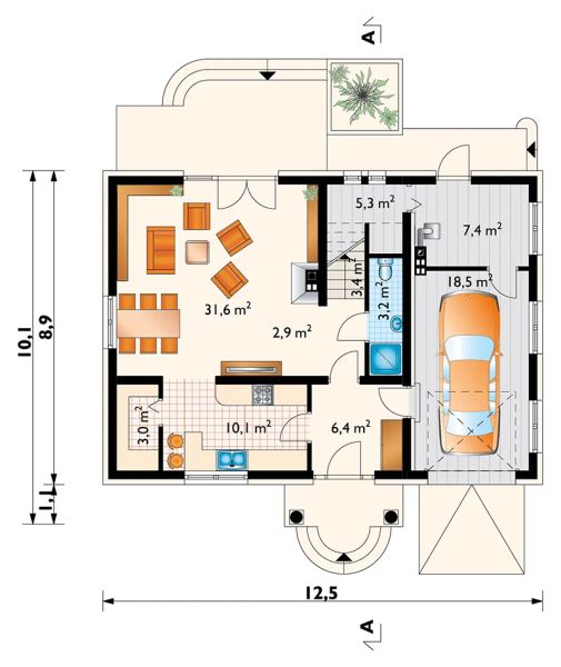 Projekt domu Skarbek (1231) - rzut parteru, dom liczy 4 pokoje, 2 łazienki i wc