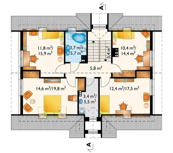 Projekt domu Skarbek (1231) - rzut poddasza, dom liczy 4 pokoje, 2 łazienki i wc